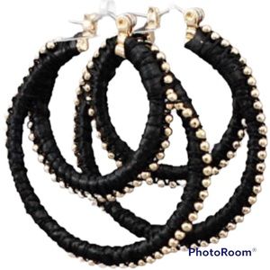 Earrings GREAT GIFT Raffia & Ball 2 Circle with Gold Beads 1 1/2” long NEW